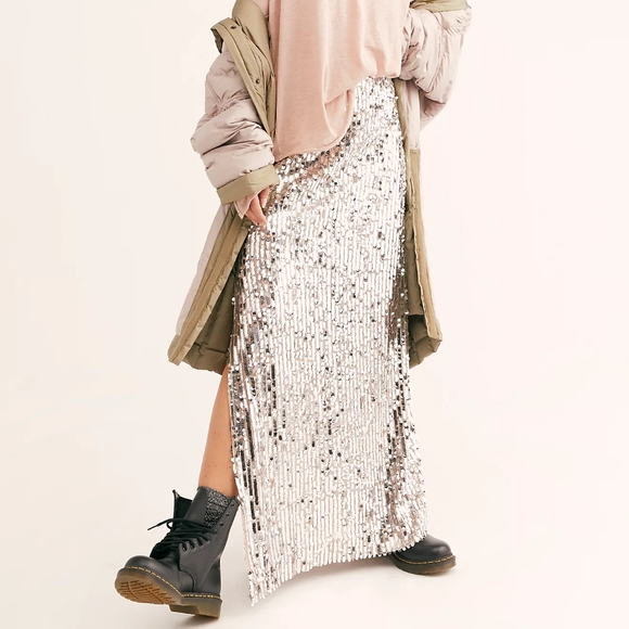 NEW Free People Silver Star Combo Sea Shell Sequin Maxi Skirt 0 - Picture 1 of 5